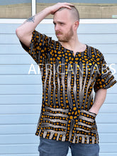 Lade das Bild in den Galerie-Viewer, Braunes / Schwarzes Bogolan Dashiki Hemd / Dashiki Kleid - Afrikanischer Print Top - Unisex