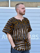 Lade das Bild in den Galerie-Viewer, Braunes / Schwarzes Bogolan Dashiki Hemd / Dashiki Kleid - Afrikanischer Print Top - Unisex