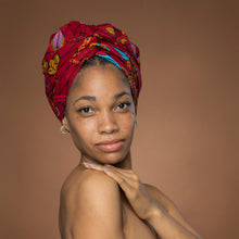 Load image into Gallery viewer, Easy headwrap - Satin lined hair bonnet - Dark Red & Yellow Botanical Flow