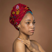 Load image into Gallery viewer, Easy headwrap - Satin lined hair bonnet - Dark Red & Yellow Botanical Flow