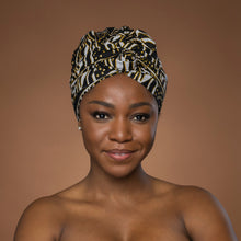 Load image into Gallery viewer, Easy headwrap - Satin lined hair bonnet - Black Yellow Ndop Cameroon