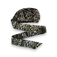 Load image into Gallery viewer, Easy headwrap - Satin lined hair bonnet - Black Yellow Ndop Cameroon