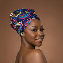 Load image into Gallery viewer, Easy headwrap - Satin lined hair bonnet - Blue Pink Paisley