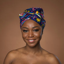 Load image into Gallery viewer, Easy headwrap - Satin lined hair bonnet - Blue Pink Paisley