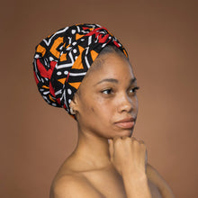 Load image into Gallery viewer, Easy headwrap - Satin lined hair bonnet - Red & Orange Bogolan