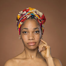 Load image into Gallery viewer, Easy headwrap - Satin lined hair bonnet - Red & Blue Flowers