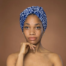 Load image into Gallery viewer, Easy headwrap - Satin lined hair bonnet - Blue Ndop Cameroon