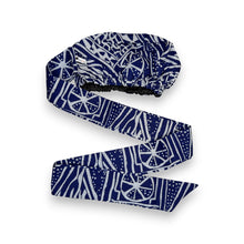 Load image into Gallery viewer, Easy headwrap - Satin lined hair bonnet - Blue Ndop Cameroon