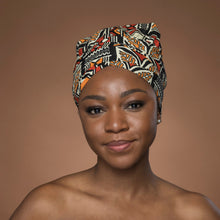 Load image into Gallery viewer, Easy headwrap - Satin lined hair bonnet - Red & Orange Bogolan Symbols