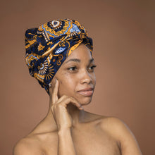 Load image into Gallery viewer, Easy headwrap - Satin lined hair bonnet - Blue Yellow Paisley