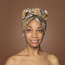 Load image into Gallery viewer, Easy headwrap - Satin lined hair bonnet - Khaki Bogolan Mosaic