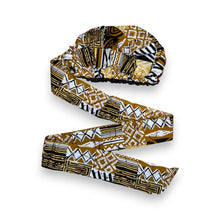 Load image into Gallery viewer, Easy headwrap - Satin lined hair bonnet - Khaki Bogolan Mosaic