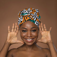 Load image into Gallery viewer, Easy headwrap - Satin lined hair bonnet - Teal Yellow Kuba Blocks Congo
