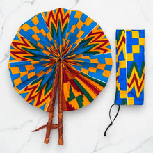Load image into Gallery viewer, African Hand fan - Ankara print Hand fan - Blue Orange Adomako