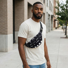 Load image into Gallery viewer, African Print Fanny Pack - Black / White bogolan - Ankara Waist Bag / Bum bag / Festival Bag with Adjustable strap