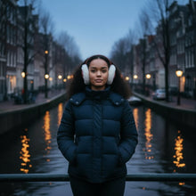 Load image into Gallery viewer, African Print Earmuffs - Foldable Winter Ear Warmers - Red White Bogolan