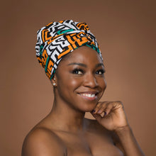 Load image into Gallery viewer, XL Easy headwrap - Satin lined hair bonnet - Teal Yellow Kuba Blocks Congo