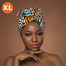 Load image into Gallery viewer, XL Easy headwrap - Satin lined hair bonnet - Teal Yellow Kuba Blocks Congo