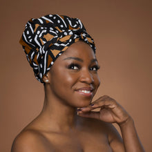 Load image into Gallery viewer, XL Easy headwrap - Satin lined hair bonnet - Brown Black Bogolan