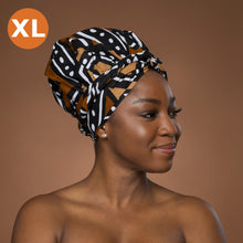 Load image into Gallery viewer, XL Easy headwrap - Satin lined hair bonnet - Brown Black Bogolan