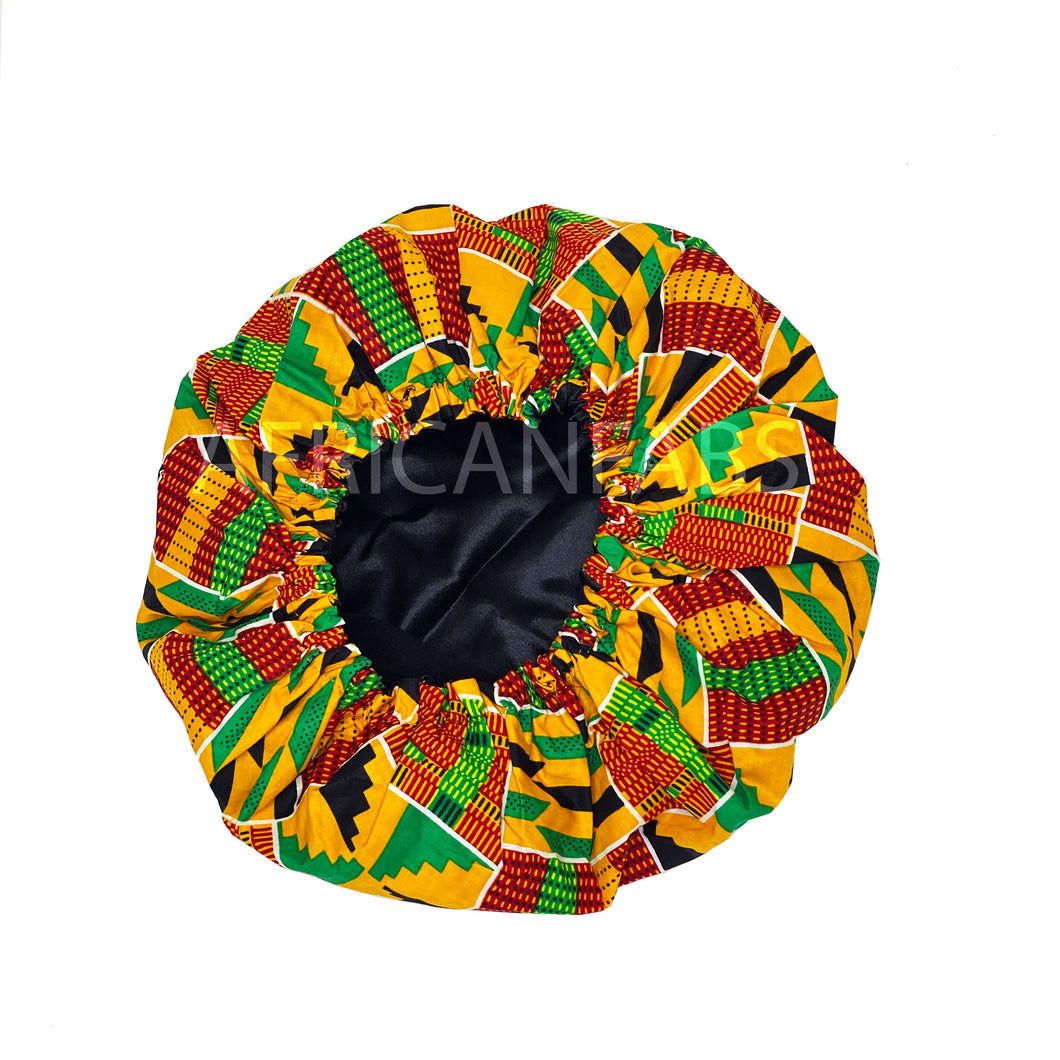 10 pieces - African print Hair Bonnet - Orange / green Kente ( Cotton with Satin liner )