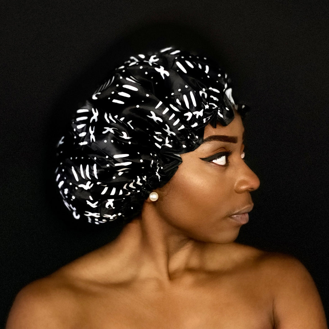 10 pieces - LARGE Shower cap for full hair / curls - African print Black White bogolan