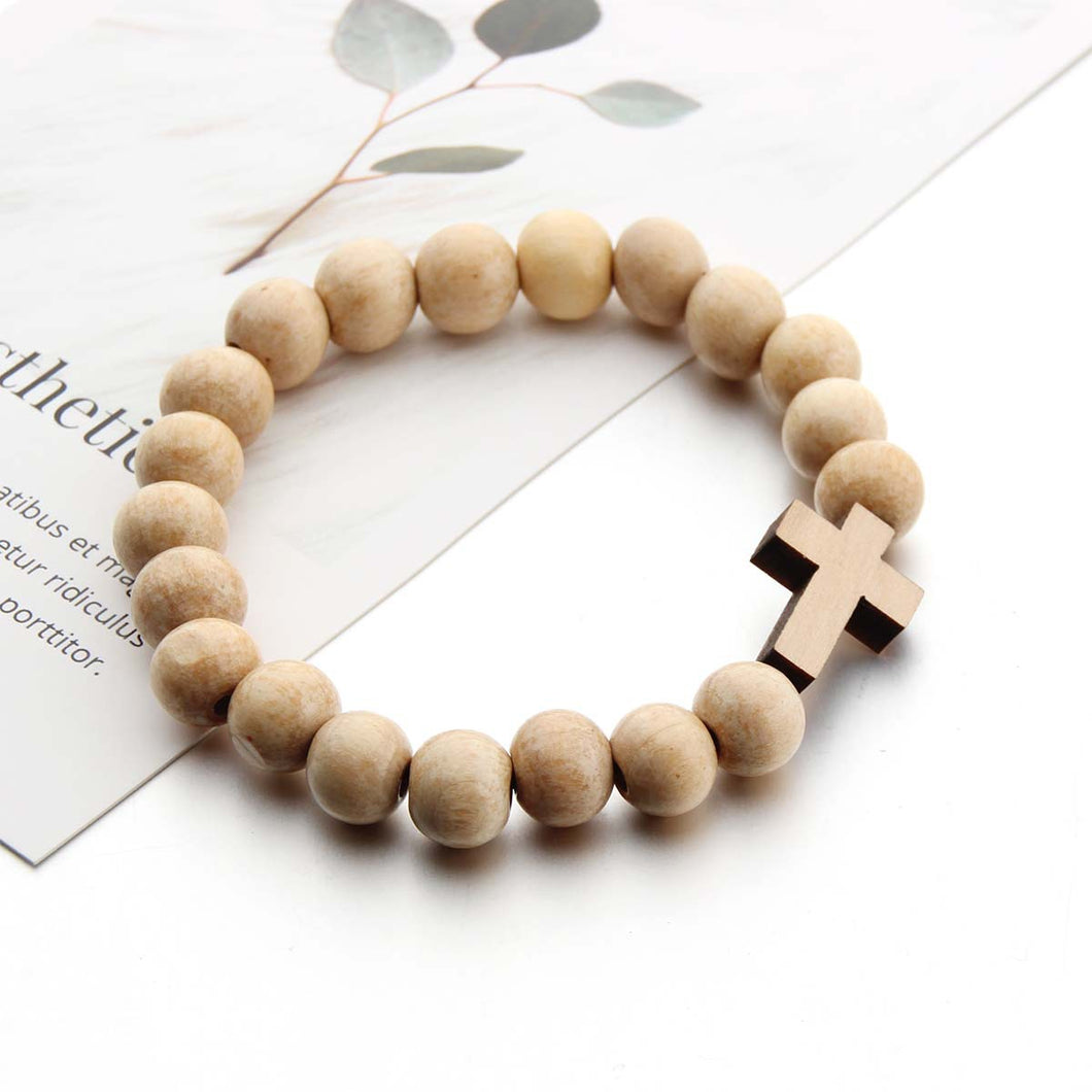Bracelet Africain - Bracelet Perles Bois - Croix - Crème