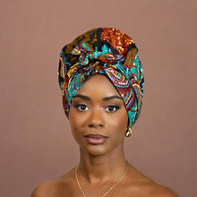 Load image into Gallery viewer, Easy headwrap - Satin lined hair bonnet - Turquoise Multicolor
