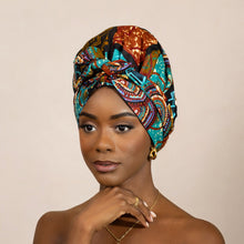 Load image into Gallery viewer, Easy headwrap - Satin lined hair bonnet - Turquoise Multicolor
