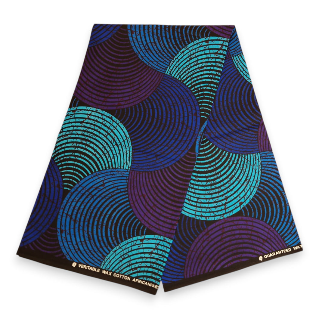 6 Yards - Afrikanischer Druckstoff - Blaues & Türkises konzentrisches Kreisdesign - 100 % Baumwolle