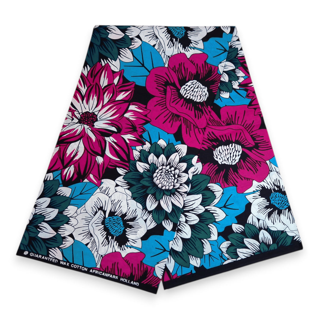 6 Yards - African print fabric - Pink & Teal Flowers - 100% cotton