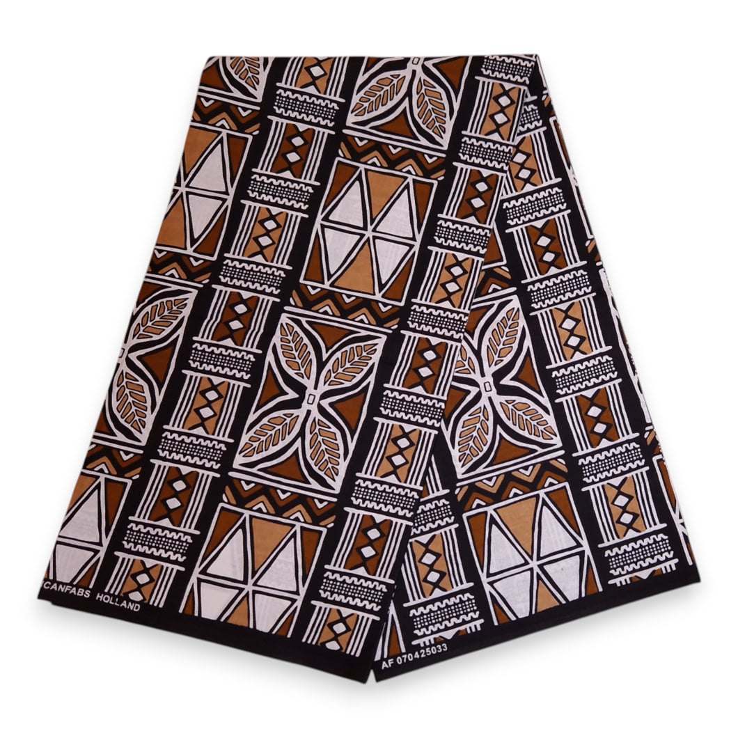 6 Yards - Afrikanischer Druckstoff - Dunkelbraun & Weiße Bogolan-Symbole - 100% Baumwolle