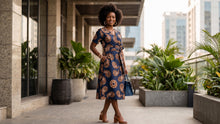 Load image into Gallery viewer, 6 Yards - African Wax print fabric - Blue Brown Navy Paisley Sun - 100% cotton
