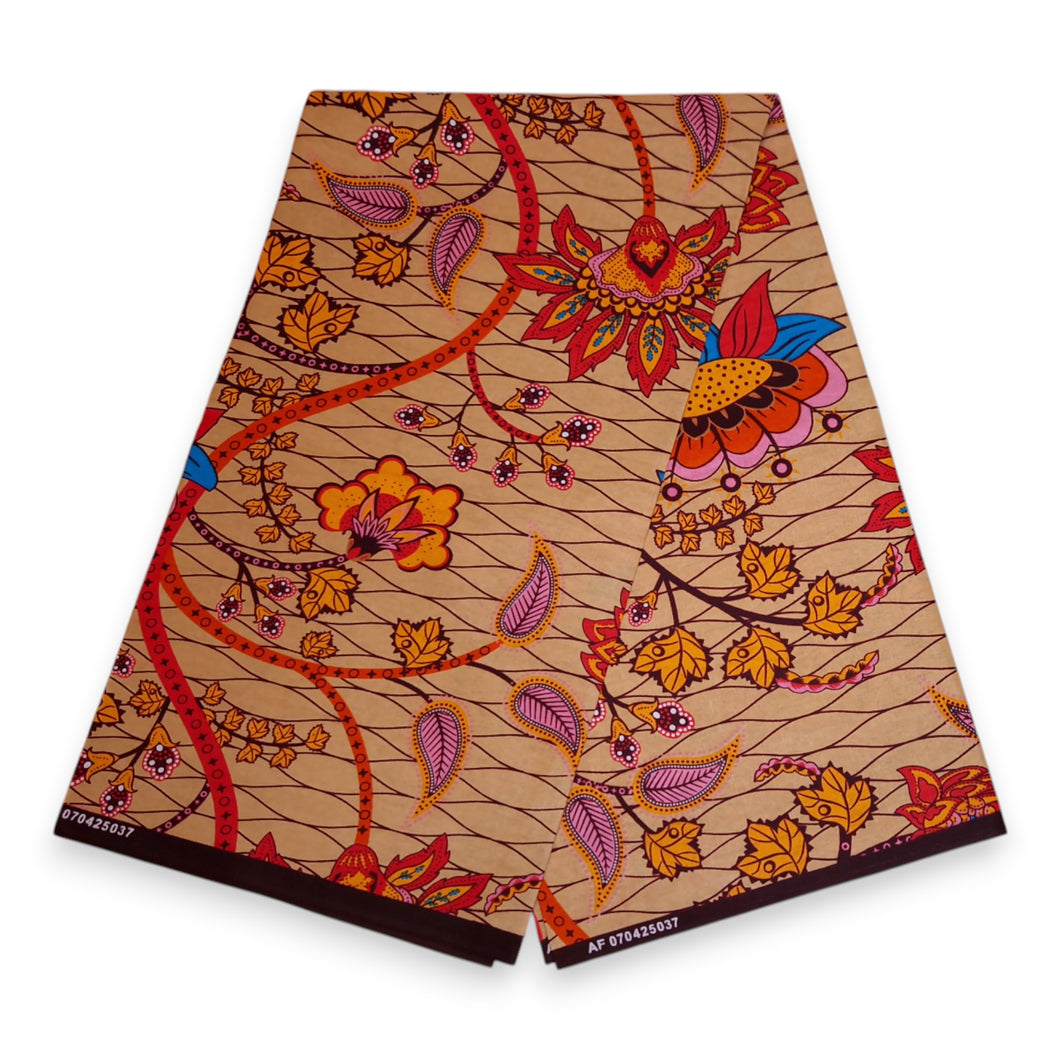 6 Yards - Afrikanischer Druckstoff - Beige & Orange Botanischer Fluss - 100% Baumwolle