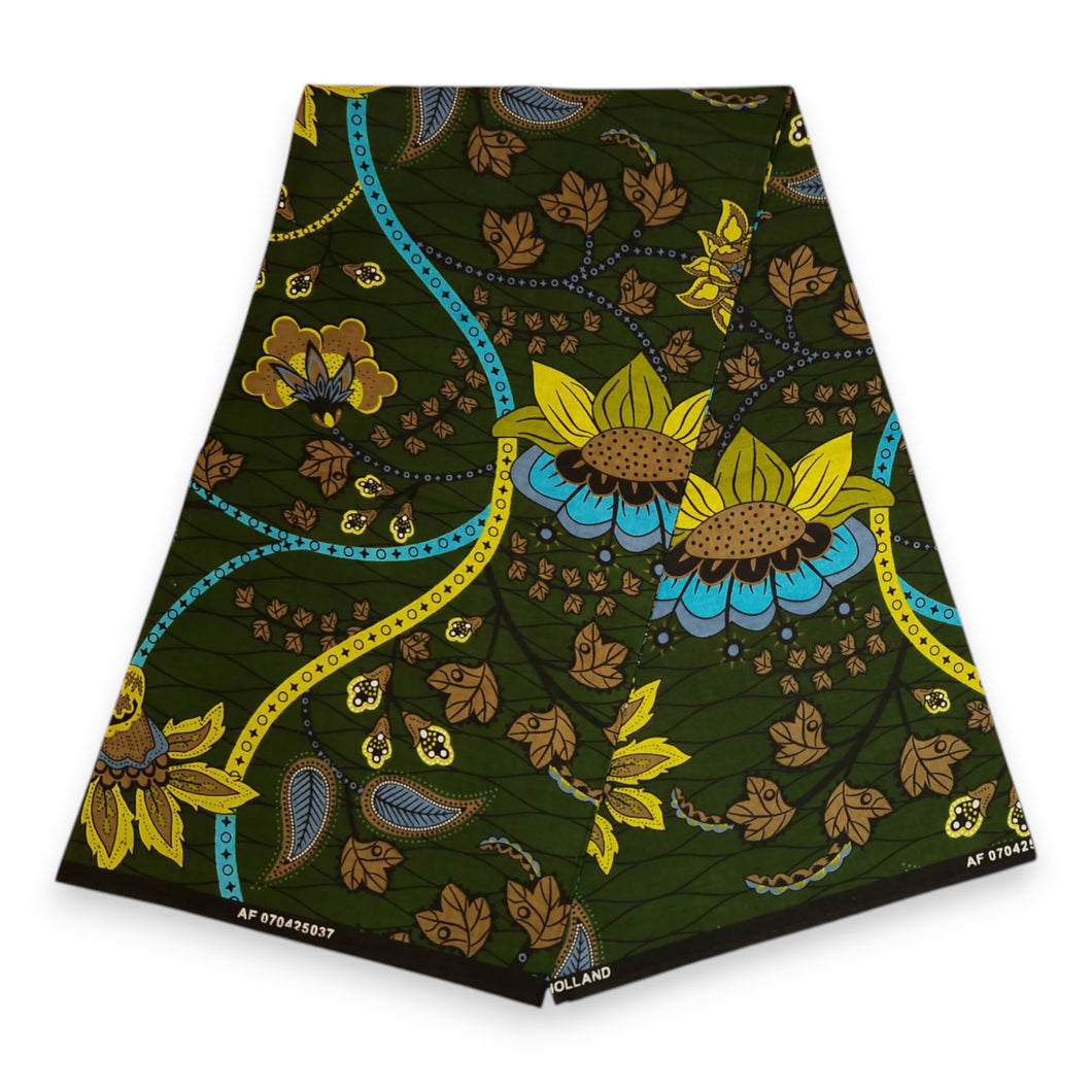 6 Yards - African print fabric - Dark Green & Yellow Botanical Flow - 100% cotton
