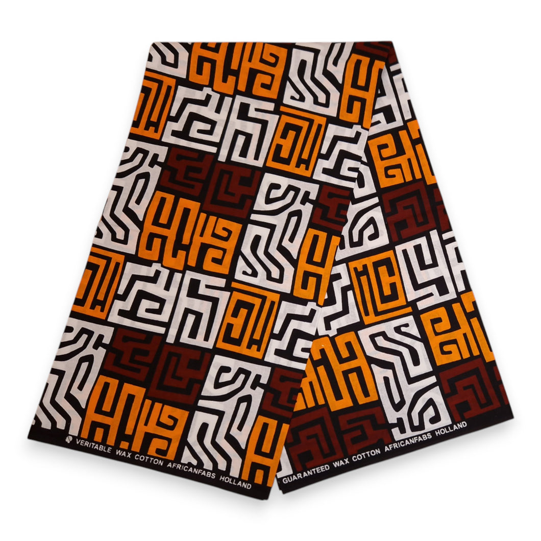 6 Yards - Afrikanischer Druckstoff - Braun & Gelb-Orange Kuba Blöcke Kongo - 100% Baumwolle