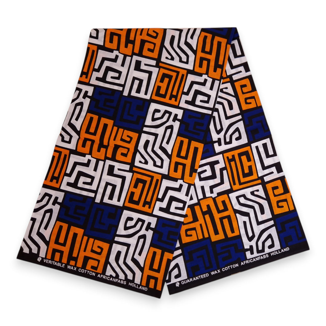 6 Yards - Afrikaanse printstof - Blauw & Geel-Oranje Kuba Blokken Congo - 100% katoen