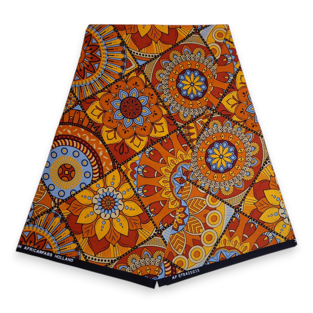 6 Yards - Afrikaanse printstof - Oranje & Lichtblauwe Mandala Patchwork - 100% katoen