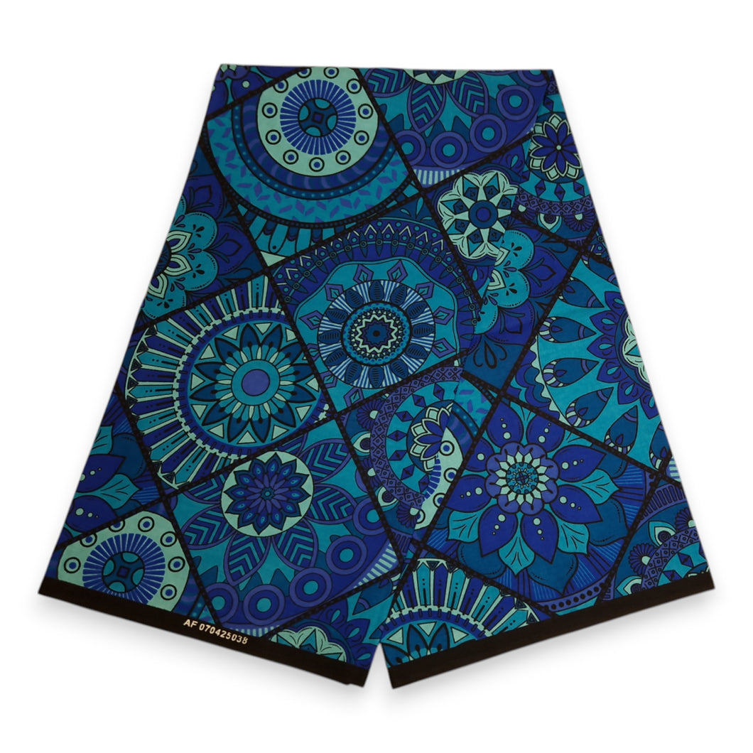 6 Yards - Afrikanischer Druckstoff - Blau & Türkis Mandala Patchwork - 100% Baumwolle