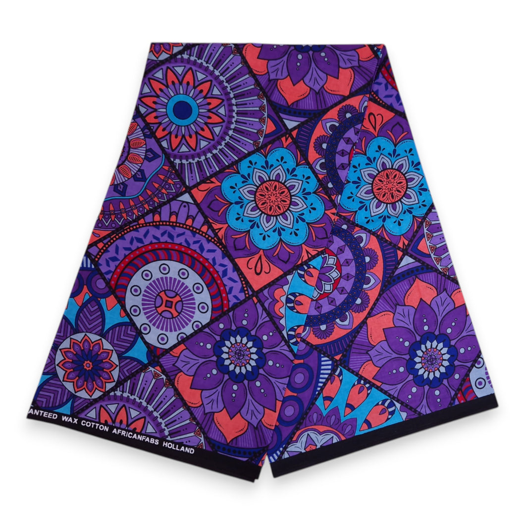 6 Yards - Afrikanischer Druckstoff - Lila & Hellblau Mandala Patchwork - 100% Baumwolle