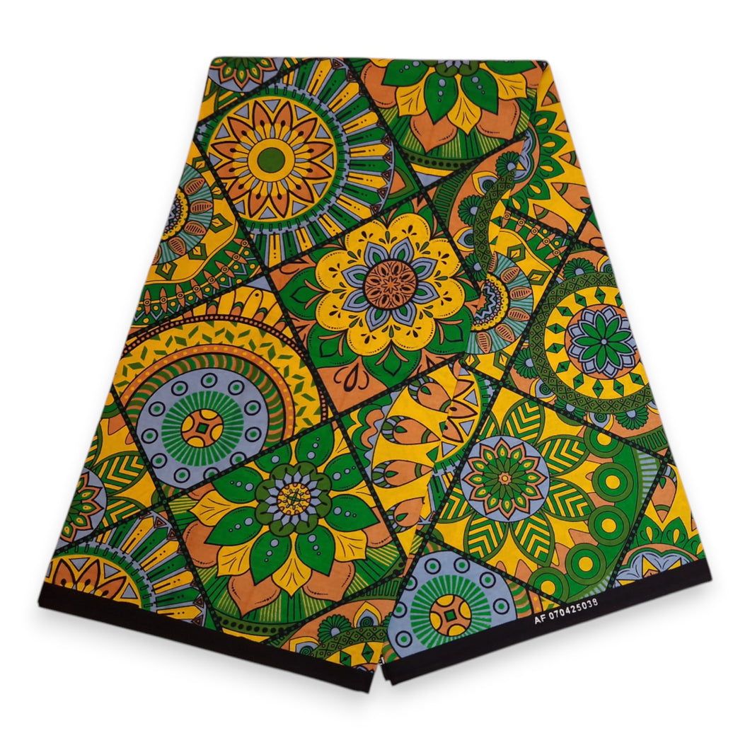 6 Yards - African print fabric - Green & Yellow Mandala Patchwork - 100% cotton