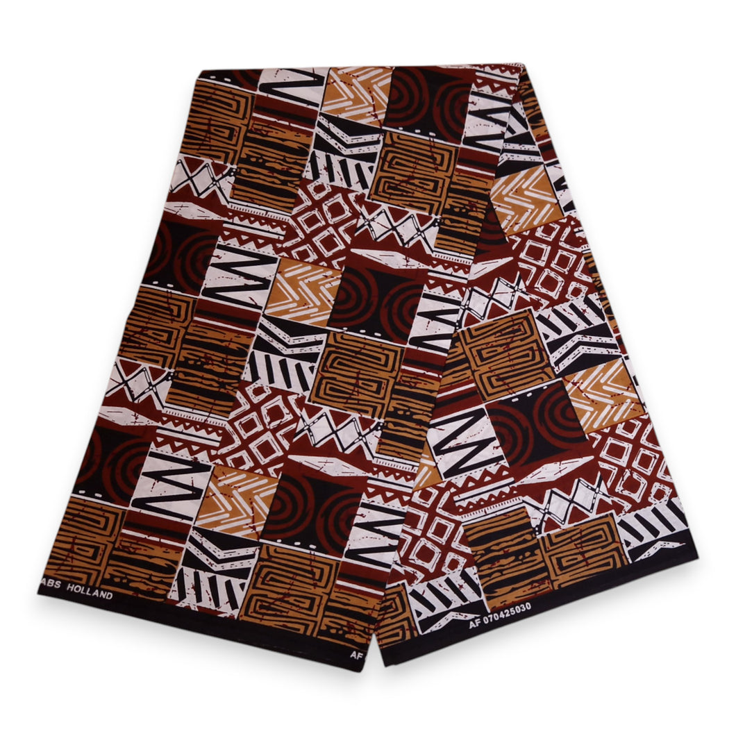 6 Yards - Afrikanischer Druckstoff - Braunes Bogolan-Mosaik - 100% Baumwolle