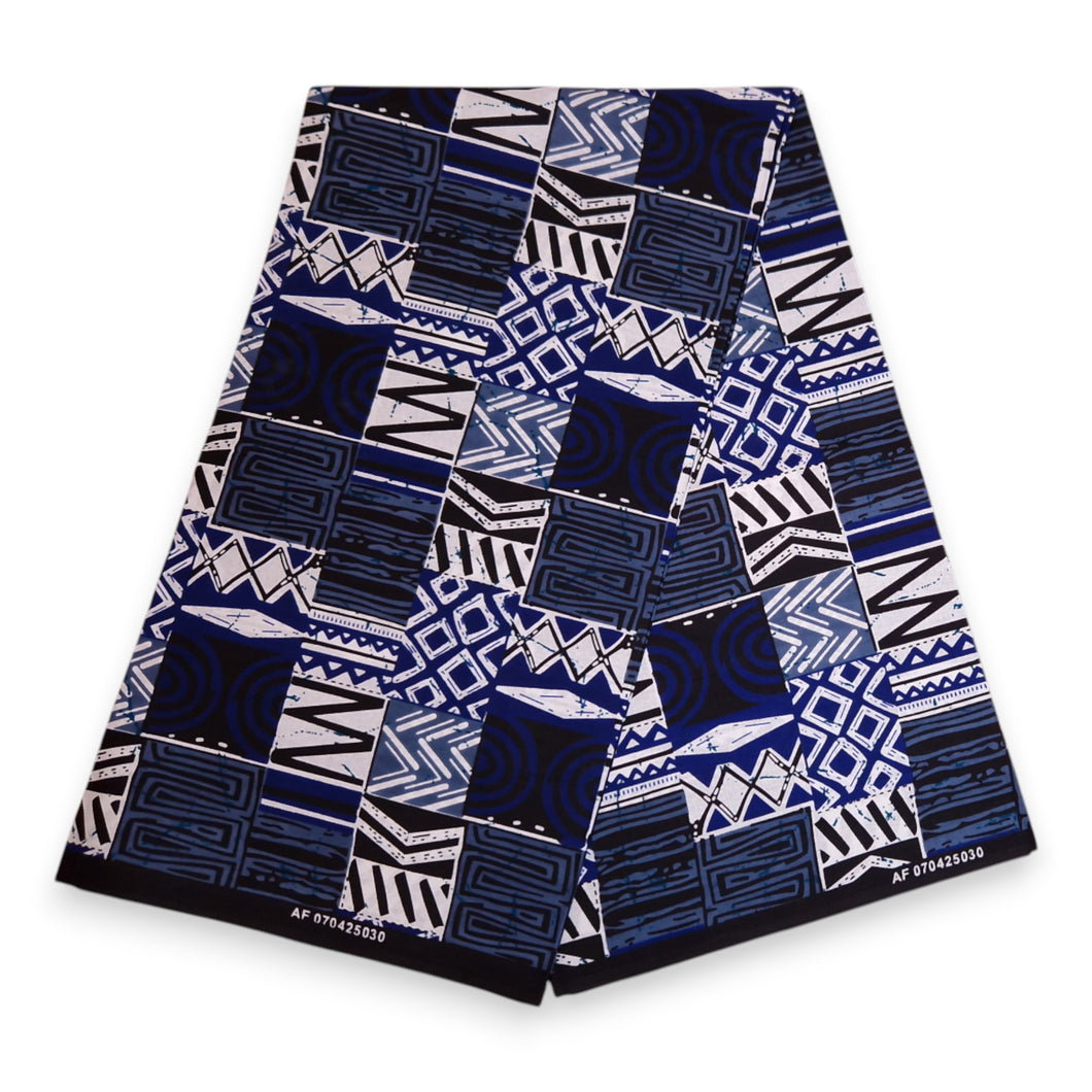 6 Yards - Afrikanischer Druckstoff - Blauer Bogolan-Mosaik - 100% Baumwolle