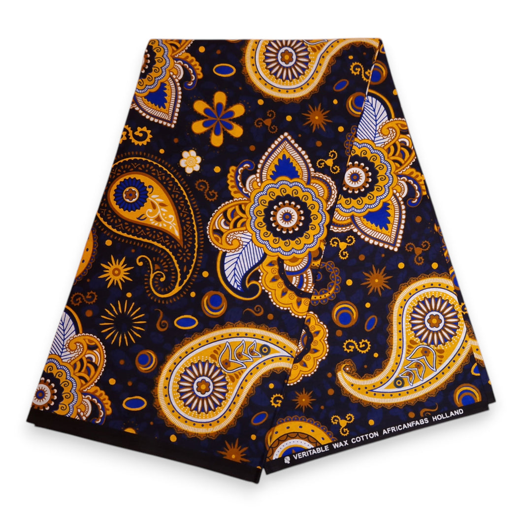 6 Yards - Afrikaanse printstof - Marineblauw Gele Paisley - 100% katoen