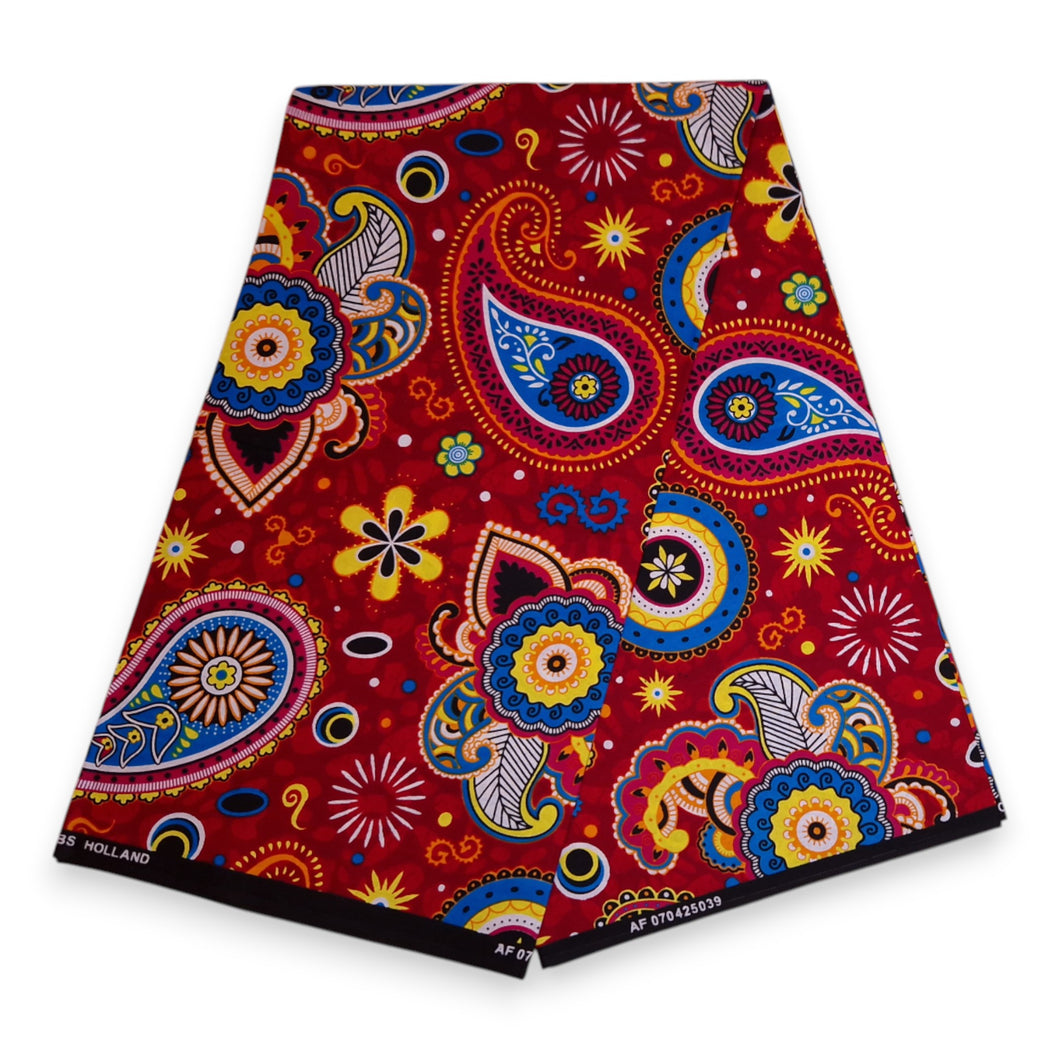 6 Yards - African print fabric - Red Blue Paisley - 100% cotton