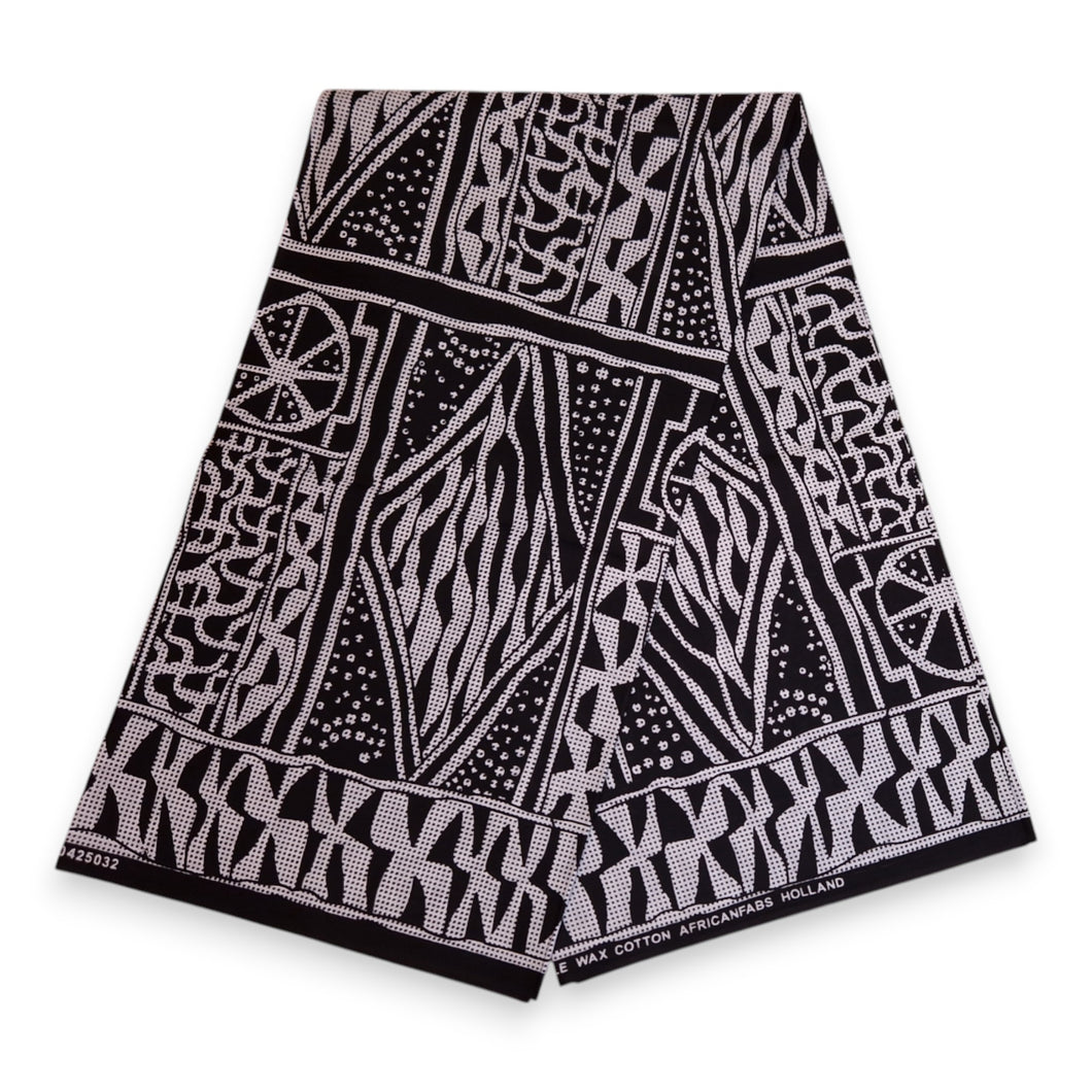 6 Yards - Afrikanischer Druckstoff - Schwarz & Weiß Ndop Kamerun - 100% Baumwolle