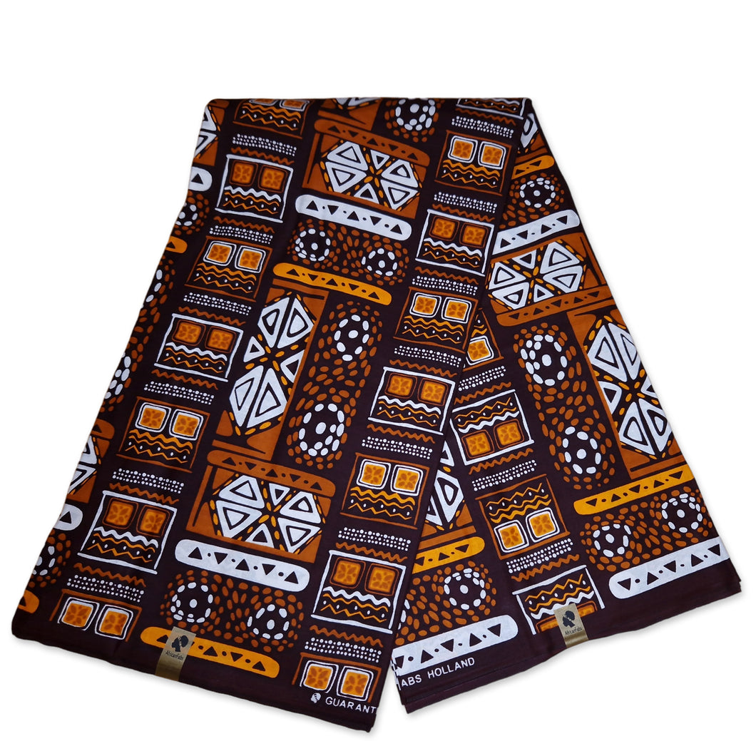 6 Yards - Braune Muster Bogolan / Schlammtuch - Afrikanischer Druckstoff / Tuch (Traditionelles Mali)