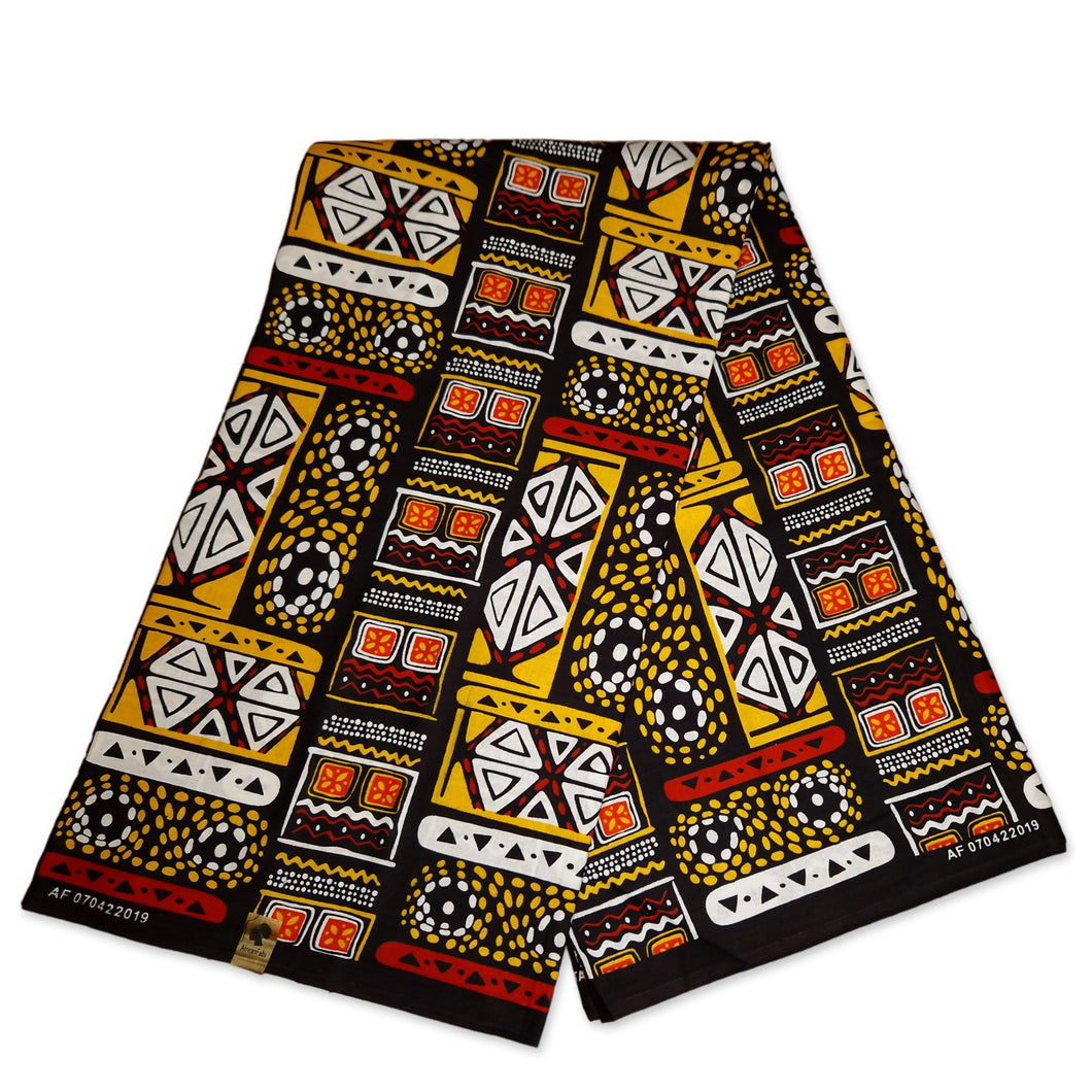 6 Yards - Rot Gelb Bogolan / Schlammtuch - Afrikanischer Druckstoff / Tuch (Traditionelles Mali)