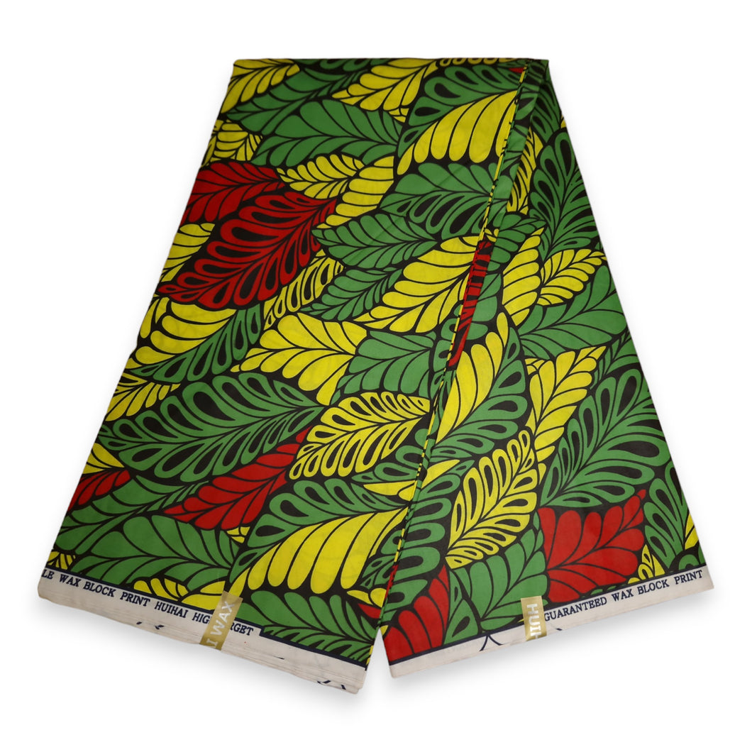 6 Yards - Tissu imprimé africain - Feuilles vertes multicolores - Polycoton