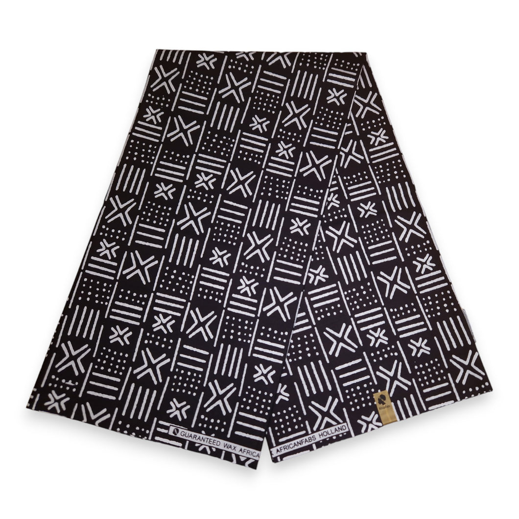 6 Yards - Afrikaans zwart wit X Bogolan / modderdoek printstof / doek (traditioneel Mali)